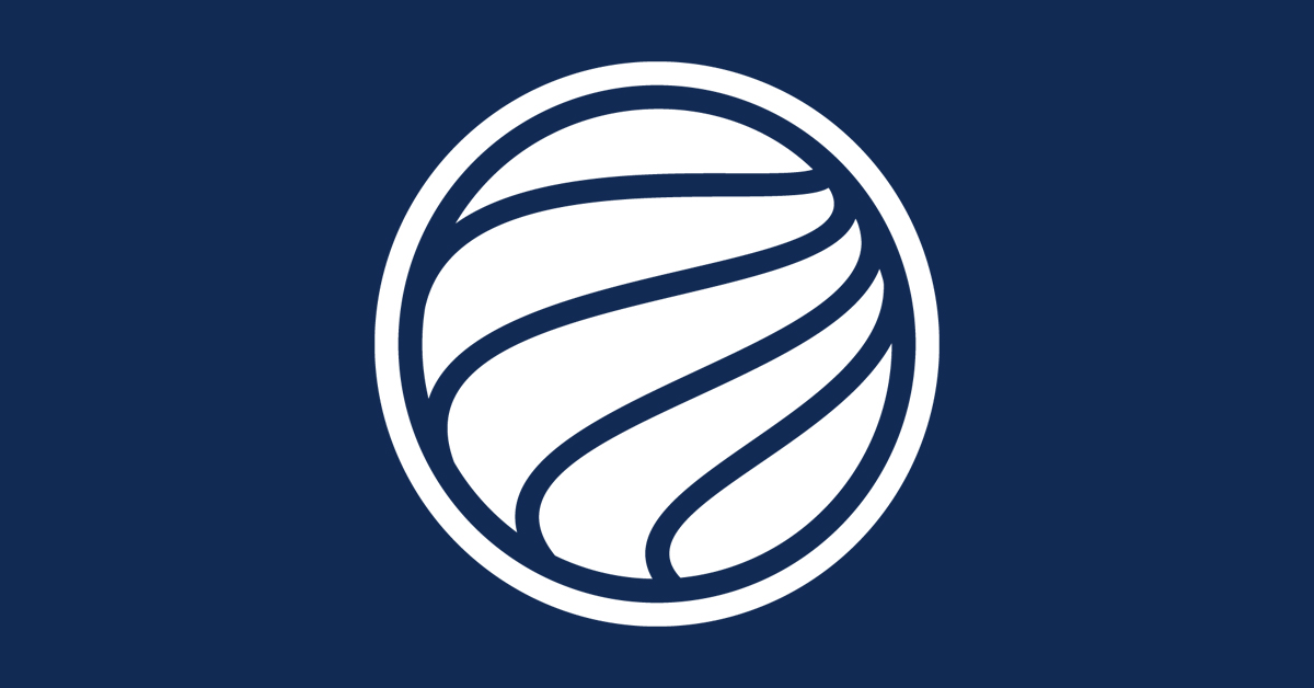 Minimalist white globe logo with swirling curved stripes inside a double-ring circle on a navy blue background