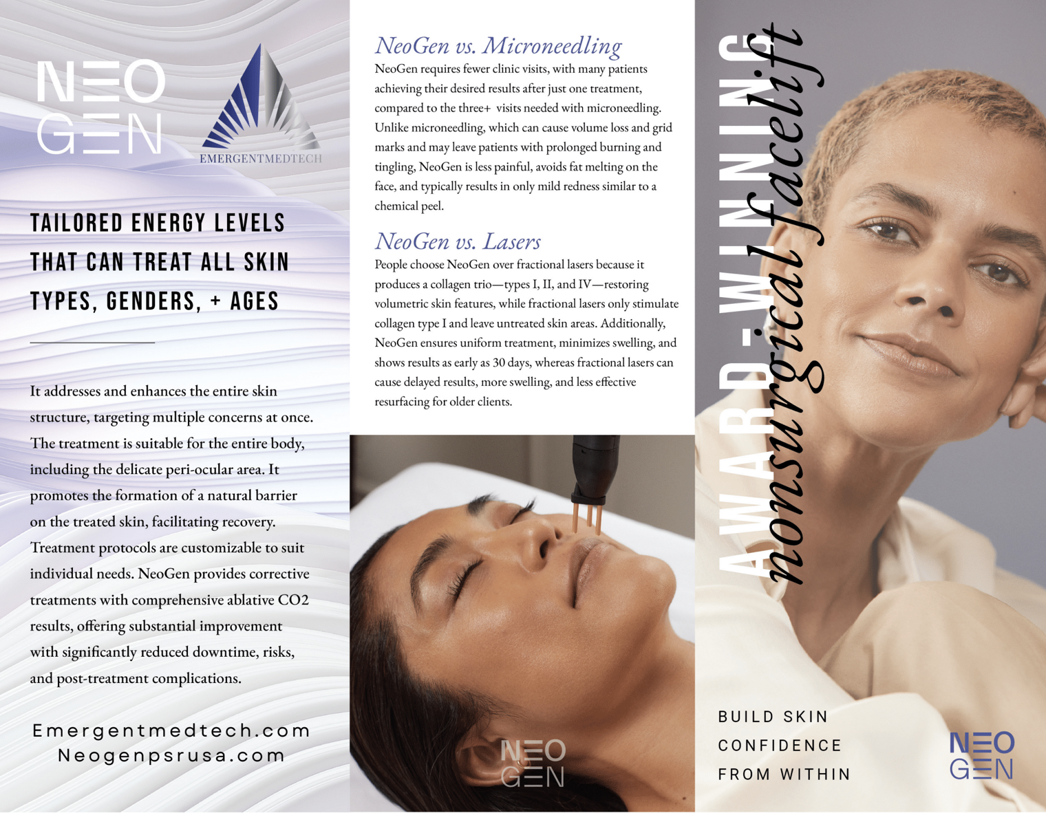 NeoGen brochure: portrait of a woman and a person receiving a NeoGen non-surgical facial treatment with a handheld device.