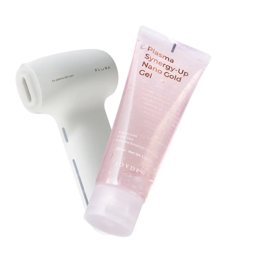 White handheld plasma device with pink Joydew Nano Gold gel tube for at-home skincare