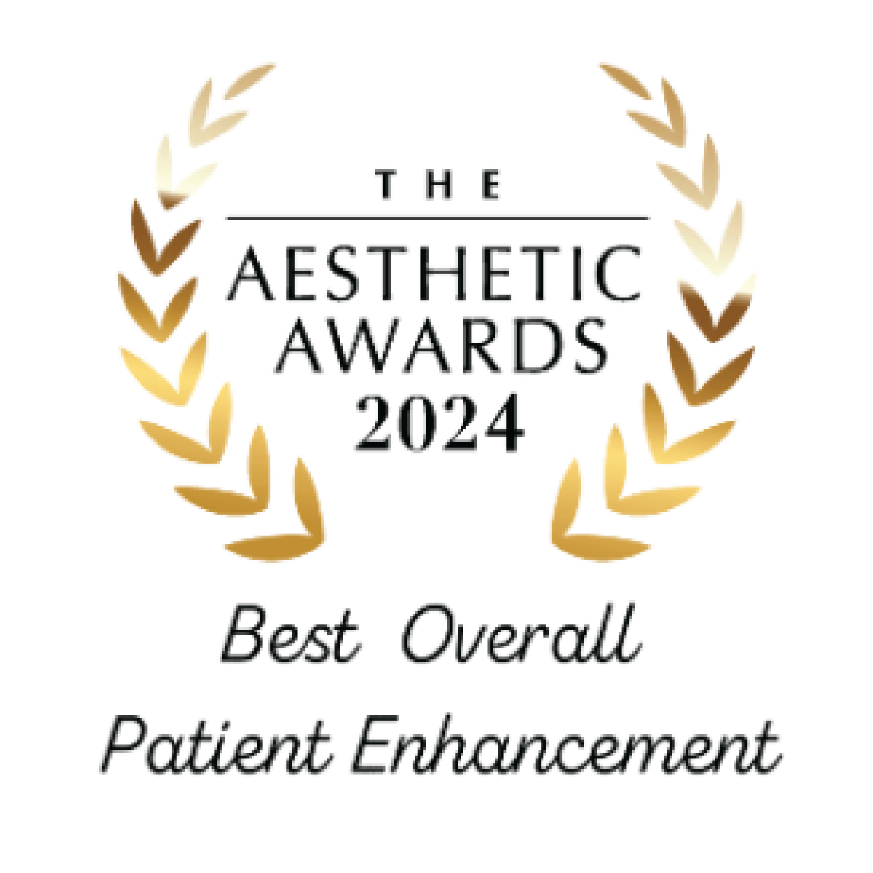 Gold laurel logo: The Aesthetic Awards 2024 - Best Overall Patient Enhancement award badge