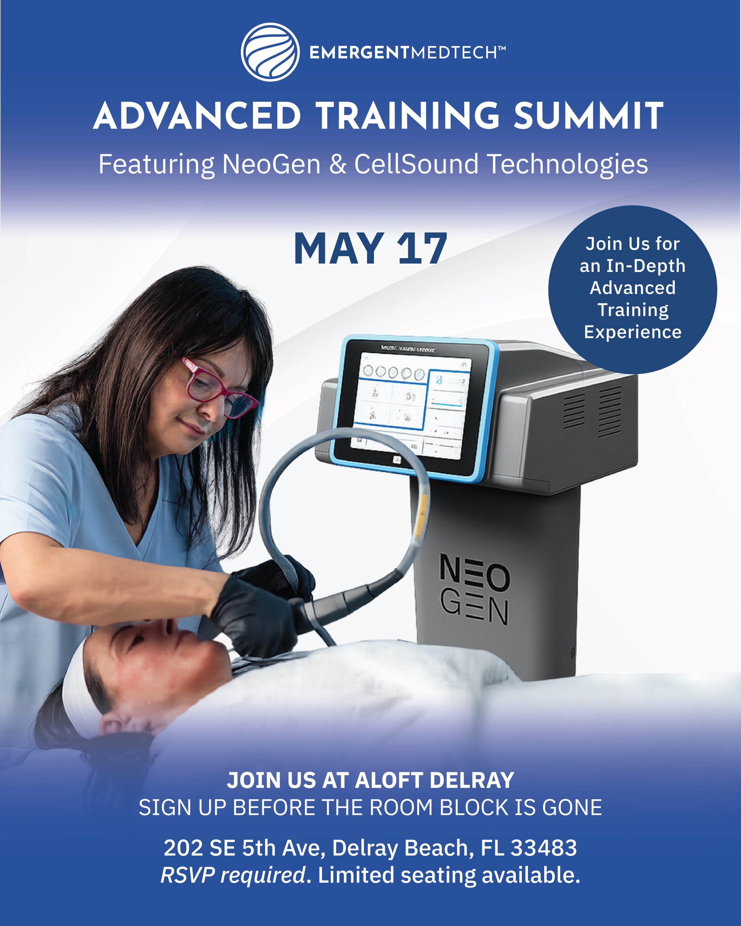 Clinician performing NeoGen facial treatment on a patient beside the device, ad for Advanced Training Summit
