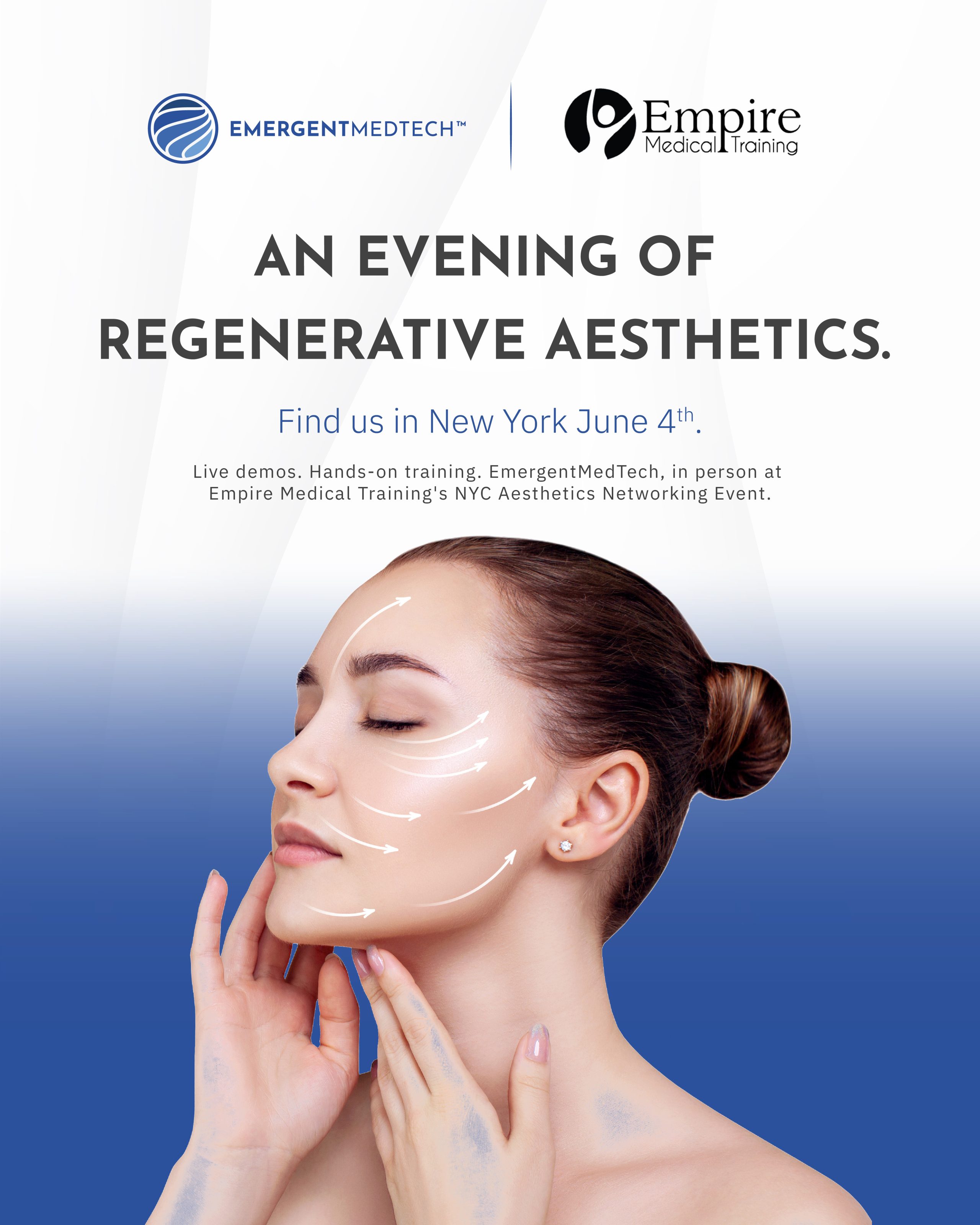 Promotional poster: a woman with white arrows on her face indicating regenerative aesthetics, eyes closed, hands touching chin.