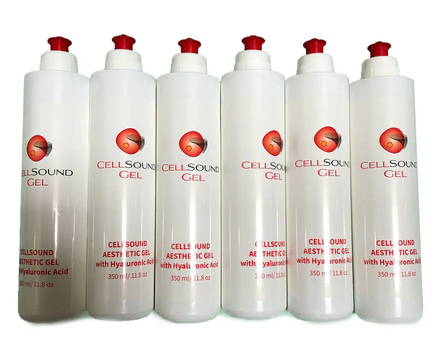 Six CellSound Gel 350 ml white pump bottles – aesthetic hyaluronic acid ultrasound gel for skincare and treatments